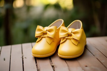 illustration of  kids shoes yellow bow oxford in the style of dansaek, Generative ai