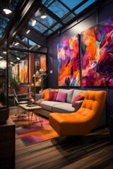 Creative office cabin with vibrant artwork and an inspiring atmosphere, Generative AI