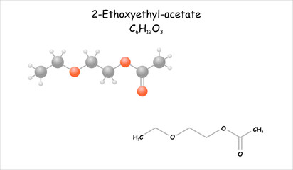 2-Ethoxyethyl-acetate. Stylized molecule model and structural formula.