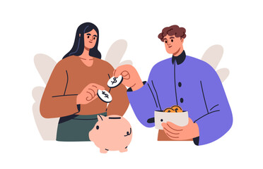 Family saving money. Thrifty couple putting, collecting coins, finance in piggy for future, dream. Financial literacy, personal budget concept. Flat vector illustration isolated on white background