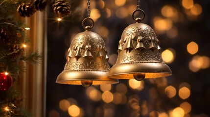 A pair of jingle bells, glistening under the soft glow of fairy lights. - obrazy, fototapety, plakaty