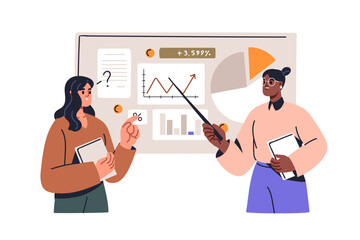 Financial advisor consulting on finance management, business audit and analysis, accounting. Economics, investing strategy and money expert. Flat vector illustration isolated on white background