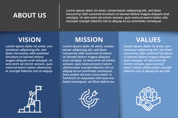 Vector Mission, vision and values diagram schema template with sample texts, about us infographic
