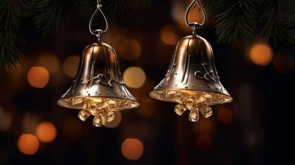 A pair of jingle bells, glistening under the soft glow of fairy lights.