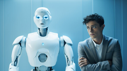 Obraz premium Concept of competition between humans and artificial intelligence robots