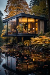  Floating office cabin on a tranquil lake, surrounded by nature, Generative AI