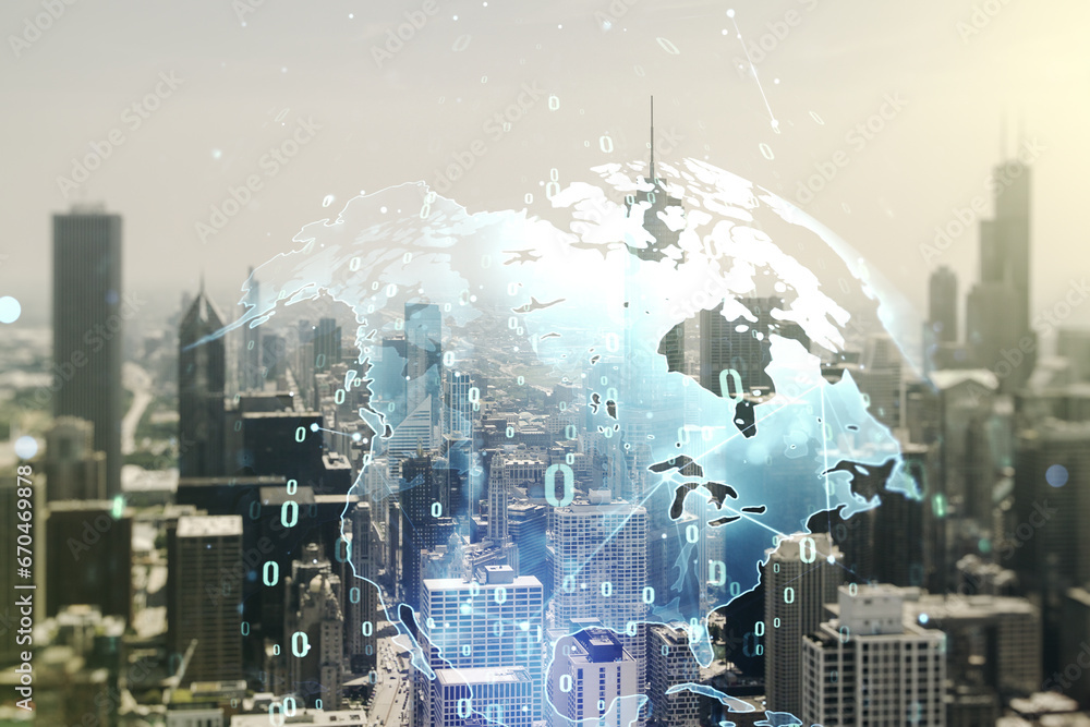 Aufkleber multi exposure of abstract creative coding sketch and world map on chicago city skyline background, 
