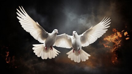 A pair of white doves taking flight, symbolizing peace and freedom.