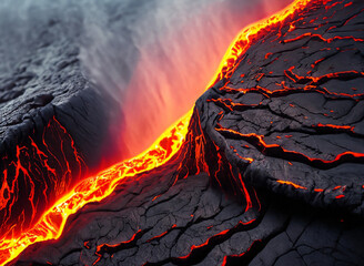 Flowing lava out of the volcano, magma detailed