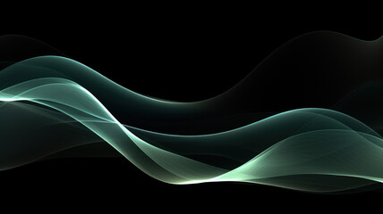 Abstract light wavy lines flowing dynamic in green colors against black background. Digital, communication, 5G, science, technology, music.
