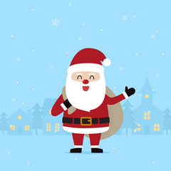 Cute santa claus holding a big sack with city village and christmas tree in night time with snowfall. Christmas season and Happy new year season. Christmas greeting card. Vector illustration