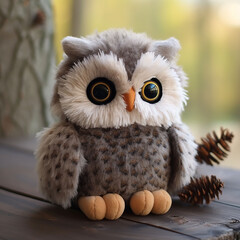 Very cute plush gray owl on table on table in garden