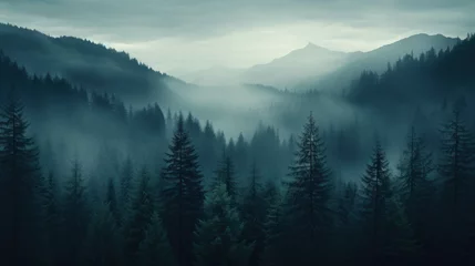 Fototapeten Misty forest with mountains background in vintage retro style, desktop wallpaper. Generative AI © Khoi Dang