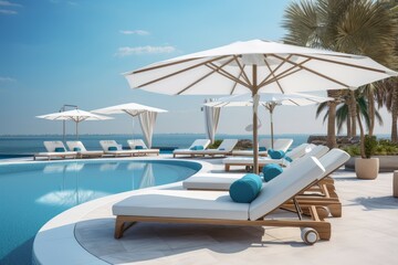 Sunbeds white color near outdoor swimming pool. Season recreation swim rest. Generate Ai