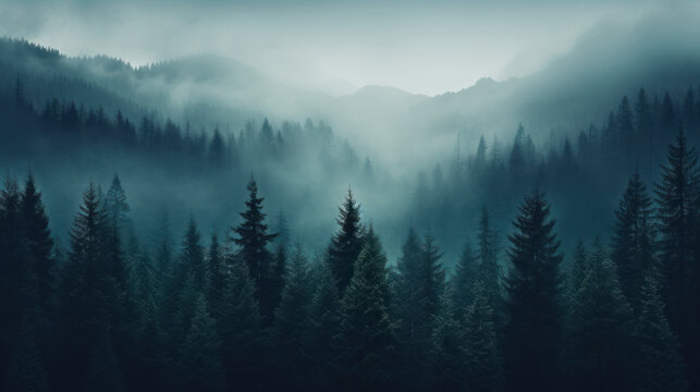 Misty forest with mountains background in vintage retro style, desktop wallpaper. Generative AI