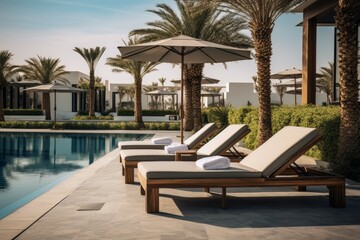 Fototapeta premium Sunbeds near outdoor swimming pool season trip. Voyage nature tropical lounge. Generate Ai