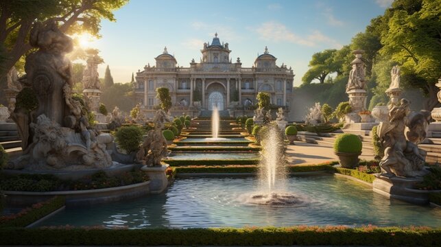 A panoramic view of a grand fountain with intricate sculptures, its beauty magnified by the morning light and lush lawn backdrop.