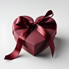 Heart shaped gift box with a silk ribbon isolated on white background with shadow. Burgundy heart shaped gift box with ribbon. Chocolate box for Valentine's Day