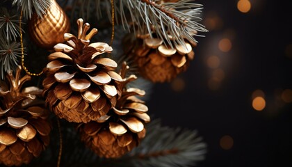 christmas tree with gold pinecones, flickering light, blink-and-you-miss-it detail