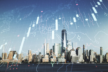 Multi exposure of abstract financial diagram and world map on Manhattan office buildings background, banking and accounting concept