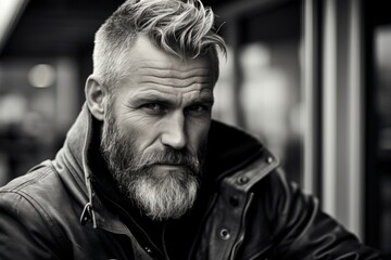 Portrait of a handsome bearded man in a leather jacket. Black and white photo.