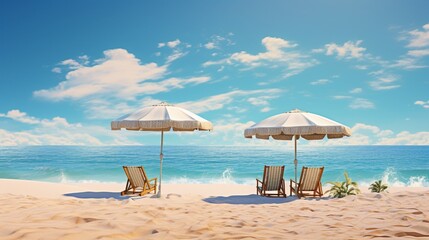 A panoramic view of an untouched beach setting with scattered umbrellas and chairs, evoking a sense of calm.
