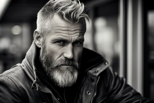 Portrait of a handsome bearded man in a leather jacket. Black and white photo.