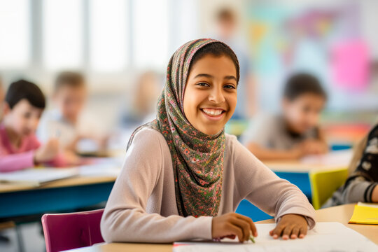 Learning And Drawing. Portrait Of Cute Smiling Arabian Girl Wearing Hijab In Classroom Exam, Education Or Studying With Book. Development And Happy Kid. Concept Of Diversity Children In Classroom