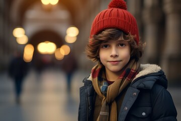 A portrait of a cute little boy in a red hat and coat on the background of the city.