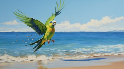 A parakeet, in a joyous dance, its vibrant green contrasting beautifully with the golden sands and blue sea.