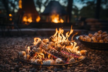  Backyard campfire with marshmallows roasting over the flames, Generative AI