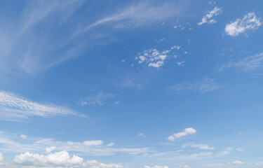 Panoramic view of clear blue sky and clouds, Blue sky background with tiny clouds. White fluffy clouds in the blue sky. Captivating stock photo featuring the mesmerizing beauty of the sky and clouds.