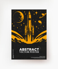 A space poster with a flying rocket on a background of stars.