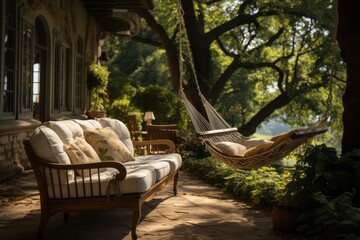Backyard hammock swaying gently under the shade of trees, Generative AI