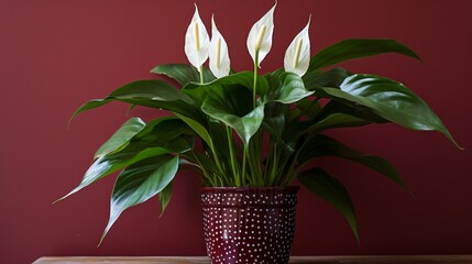 A peace lily in bloom, its white spathes and green leaves contrasting a polka-dotted maroon pot.