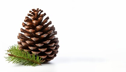 Pine cone with green pine branch on a white background. Template with Copy space for text. AI generated image. 