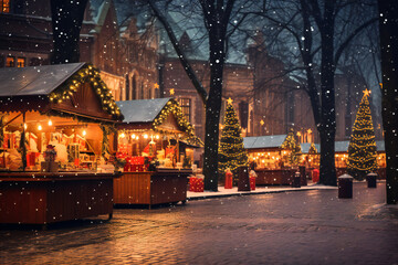 Fototapeta na wymiar Beautiful romantic Christmas market in an old European city in the night