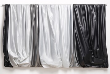 black and white strips of cloth with white border isolated on white, metallic surfaces, made of plastic, panoramic scale