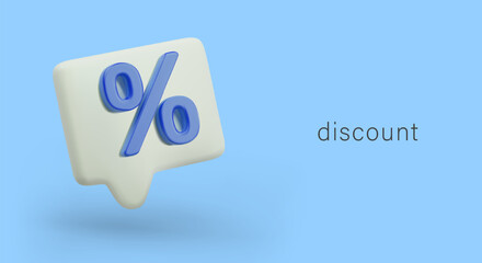 Poster with percentage icon for supermarket. 3d realistic percentage sign on blue background. Business, sales and discounts concept. Vector illustration