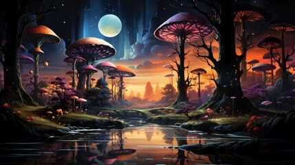 Enchanted forest glows with luminescent mushrooms, serene stream, and magical flora under a twilight canopy.