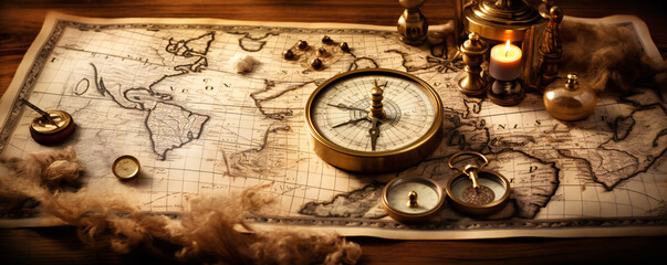 An old map on a wooden table with an old compass on it