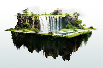 A floating island with grass, trees and a waterfall on it. Clean nature and environment concept.