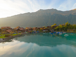 Naklejka premium Aerial top view of garden park with green mangrove forest trees, river, pond or lake. Nature landscape background, iseltwald, Switzerland.