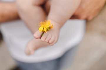 Focus is on baby 's foot with tiny fingers with yellow flower inserted. Child protection. Baby care.