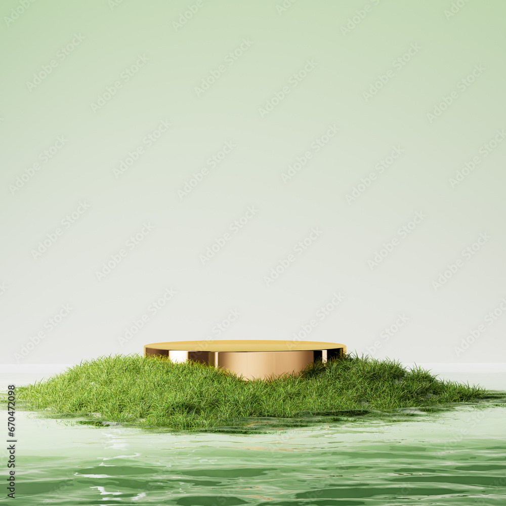 Poster Small grassy island in the sea with a golden podium, abstract minimalist cosmetic product presentation template 3d rendering