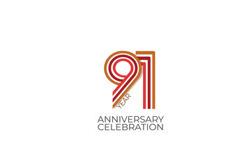 91th, 91 years, 91 year anniversary with retro style in 3 colors, red, pink and brown on white background for invitation card, poster, internet, design, poster, greeting cards, event - vector