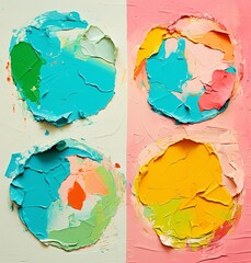 Naklejka premium four different colored paper circles in various ways, torn, distressed edges, contemporary candy-coated