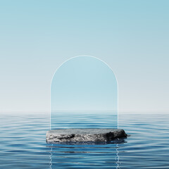 Stone podium in the sea, abstract minimalist cosmetic product presentation template 3d rendering