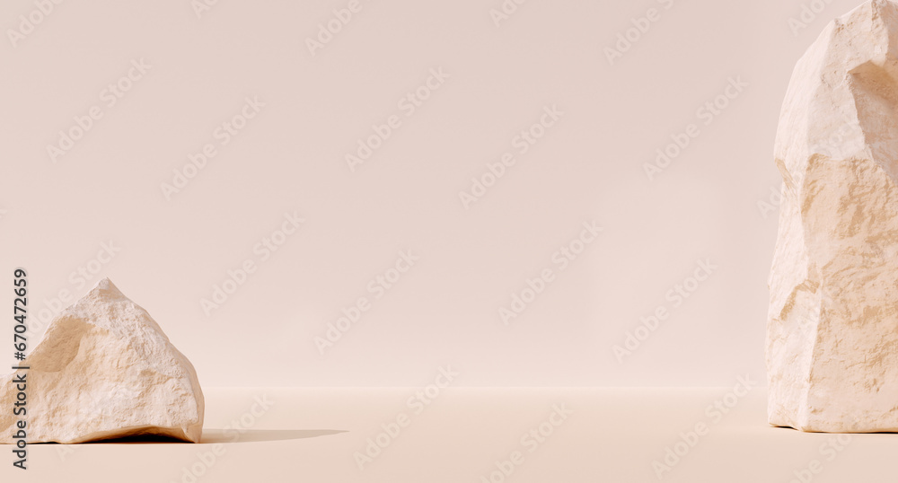 Poster minimal beige scene with white stones, 3d rendering product display room, object placement mockup