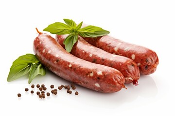 Tasty cut homemade sausage garlic peppercorns on white background. Rural country cuisine food. Generate Ai - obrazy, fototapety, plakaty